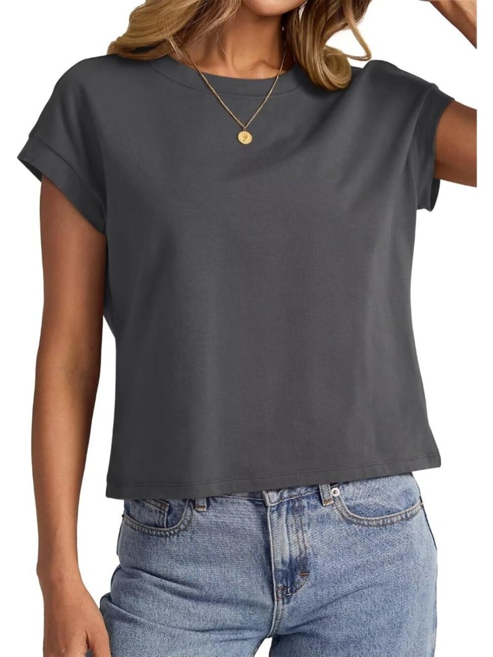 〽️Women's Charcoal Black Cap Sleeve Crewneck Loose Fit Casual Pull On Crop Tops